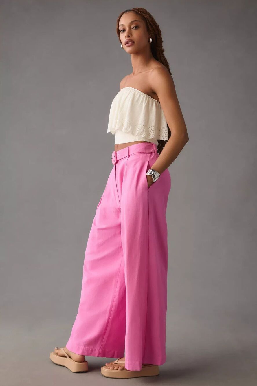 Farm Rio Tailored Wide Leg Pants trousers Belted in Pink Medium New - Picture 5 of 8